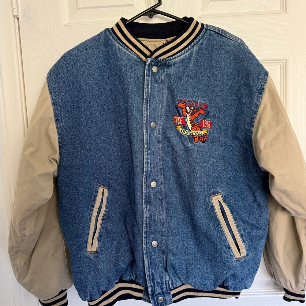 Vintage Disney Tigger Denim Varsity Jacket with Beige Sleeves